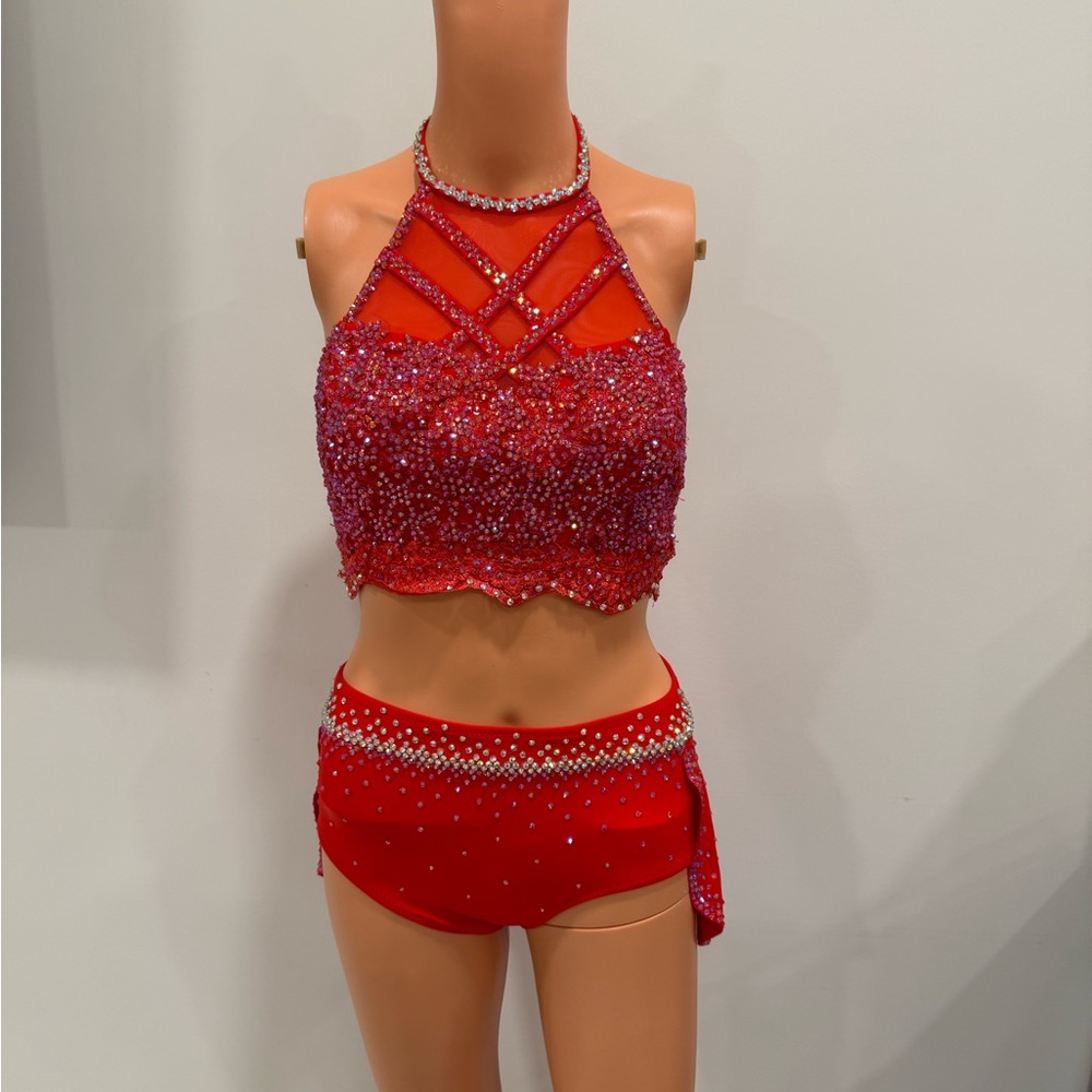Custom red stoned solo dance costume xxs xs